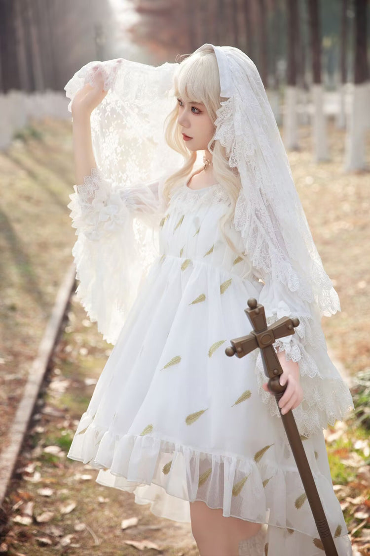 Lolita JSK Dress - Feather Snowflake Embroidery, 3 Colors, Bow Detail, Ruffled, Printed - additional product view 6
