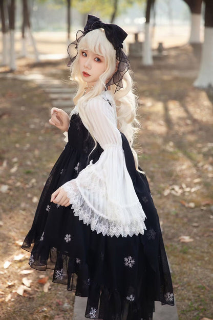 Lolita JSK Dress - Feather Snowflake Embroidery, 3 Colors, Bow Detail, Ruffled, Printed - additional product view 9