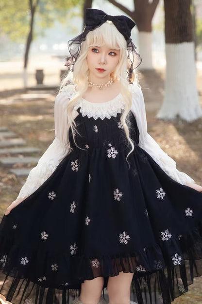 Lolita JSK Dress - Feather Snowflake Embroidery, 3 Colors, Bow Detail, Ruffled, Printed - M Black / L Black option