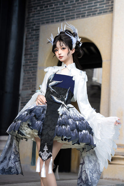 Lolita JSK Dress - Feathered Finch, Blue, Classic Style, Chinese-Inspired Style, Ruffled - additional product view 4