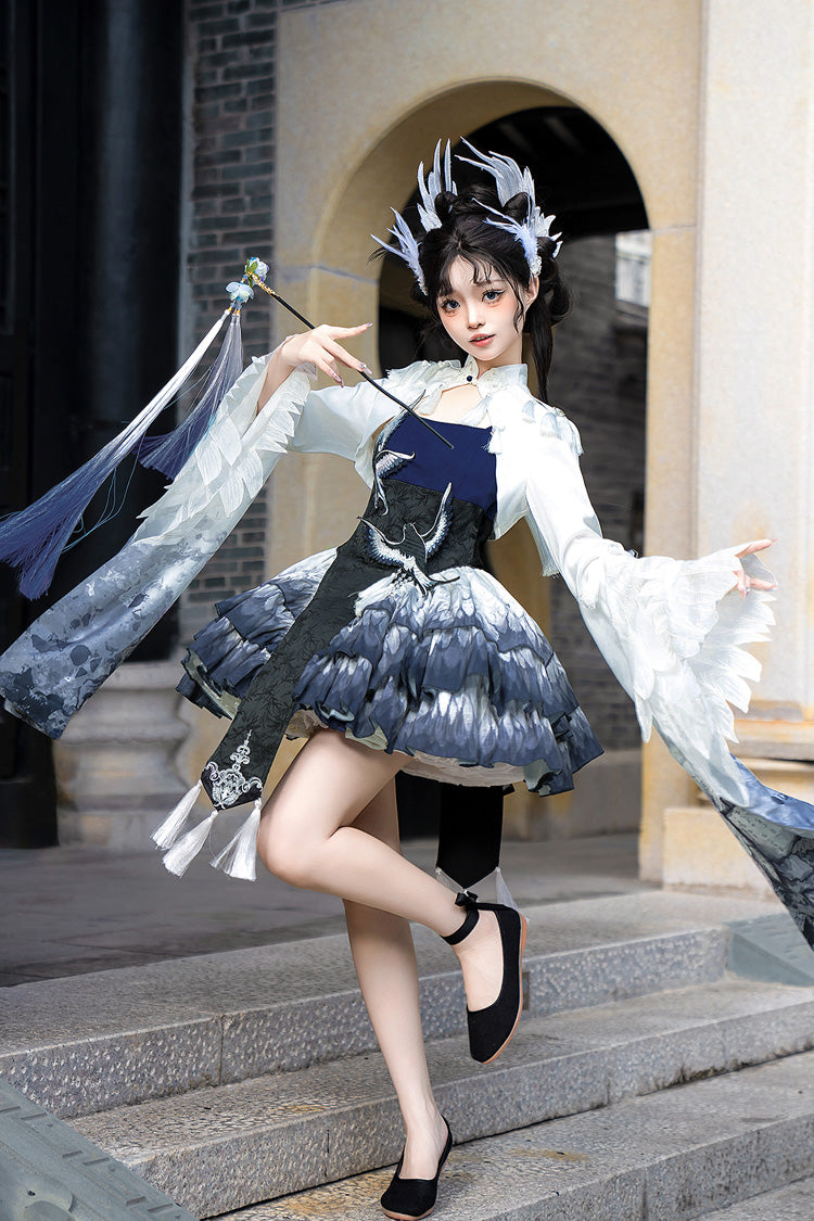 Lolita JSK Dress - Feathered Finch, Blue, Classic Style, Chinese-Inspired Style, Ruffled - additional product view 5