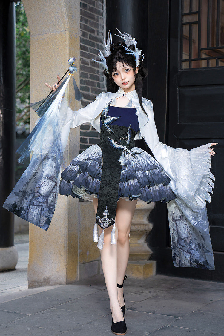 Lolita JSK Dress - Feathered Finch, Blue, Classic Style, Chinese-Inspired Style, Ruffled - main product image