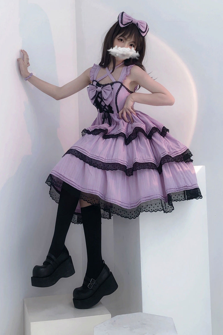 Lolita JSK Dress - First Love Triple-layered, Purple, Bow Detail, Lace Trim, Ruffled - additional product view 3