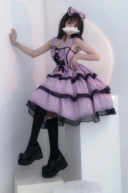 Lolita JSK Dress - First Love Triple-layered, Purple, Bow Detail, Lace Trim, Ruffled - additional product view 3