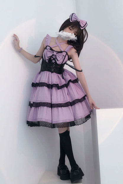 Lolita JSK Dress - First Love Triple-layered, Purple, Bow Detail, Lace Trim, Ruffled - additional product view 6