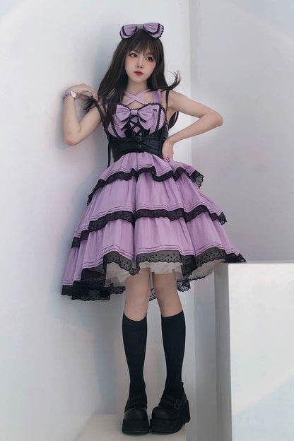 Lolita JSK Dress - First Love Triple-layered, Purple, Bow Detail, Lace Trim, Ruffled - main product image