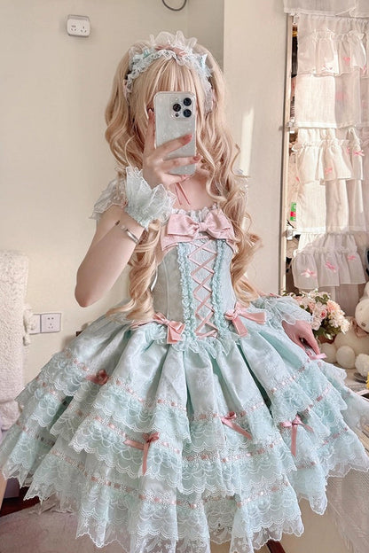 Lolita JSK Dress - Flora Isle Butterfly, Green, Ruffled, Lace-Up, Sweet Style - additional product view 3