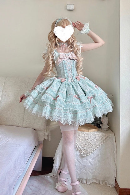 Lolita JSK Dress - Flora Isle Butterfly, Green, Ruffled, Lace-Up, Sweet Style - additional product view 12