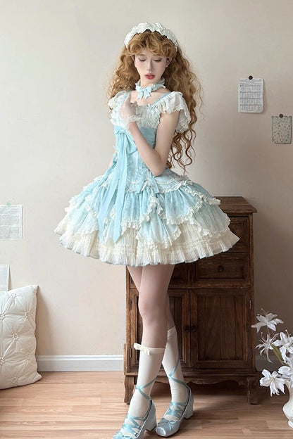 Lolita JSK Dress - Floral Dream, Green, Embroidered, Layered, Lace-Up - additional product view 3