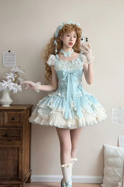 Lolita JSK Dress - Floral Dream, Green, Embroidered, Layered, Lace-Up - additional product view 5