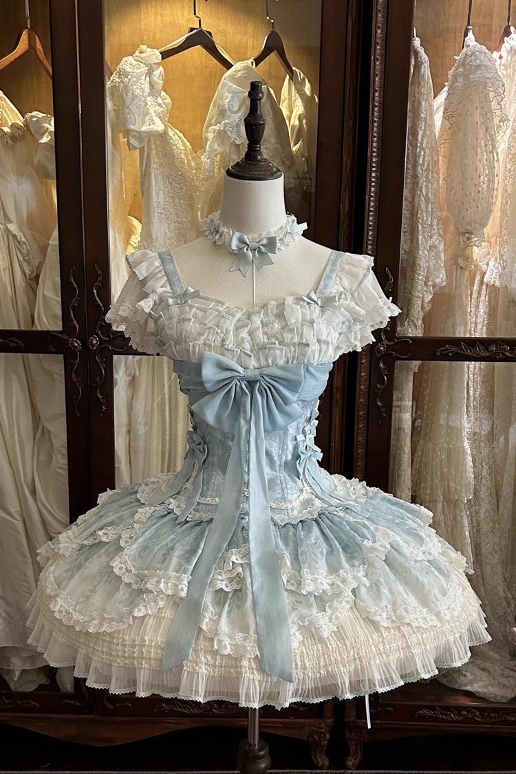 Lolita JSK Dress - Floral Dream, Green, Embroidered, Layered, Lace-Up - additional product view 6