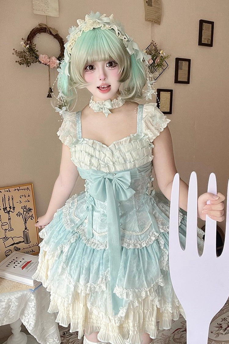 Lolita JSK Dress - Floral Dream, Green, Embroidered, Layered, Lace-Up - additional product view 17