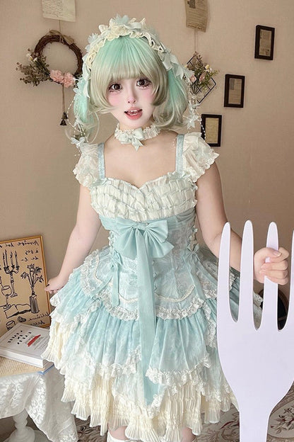 Lolita JSK Dress - Floral Dream, Green, Embroidered, Layered, Lace-Up - additional product view 17