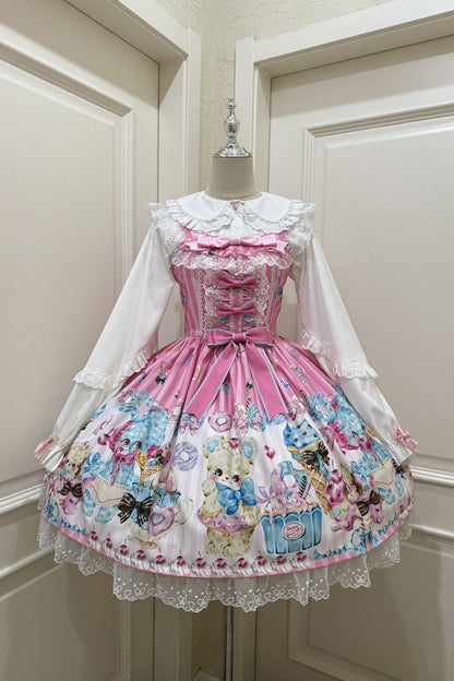 Lolita JSK Dress - Floral Whisper, Pink, Lace Trim, Ruffled, Printed - main product image