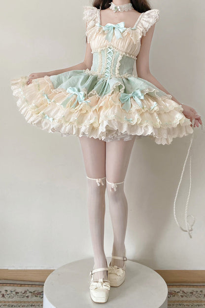 Lolita JSK Dress - Flory Butterfly, Green, Bow Detail, Lace Trim, Ruffled - additional product view 2