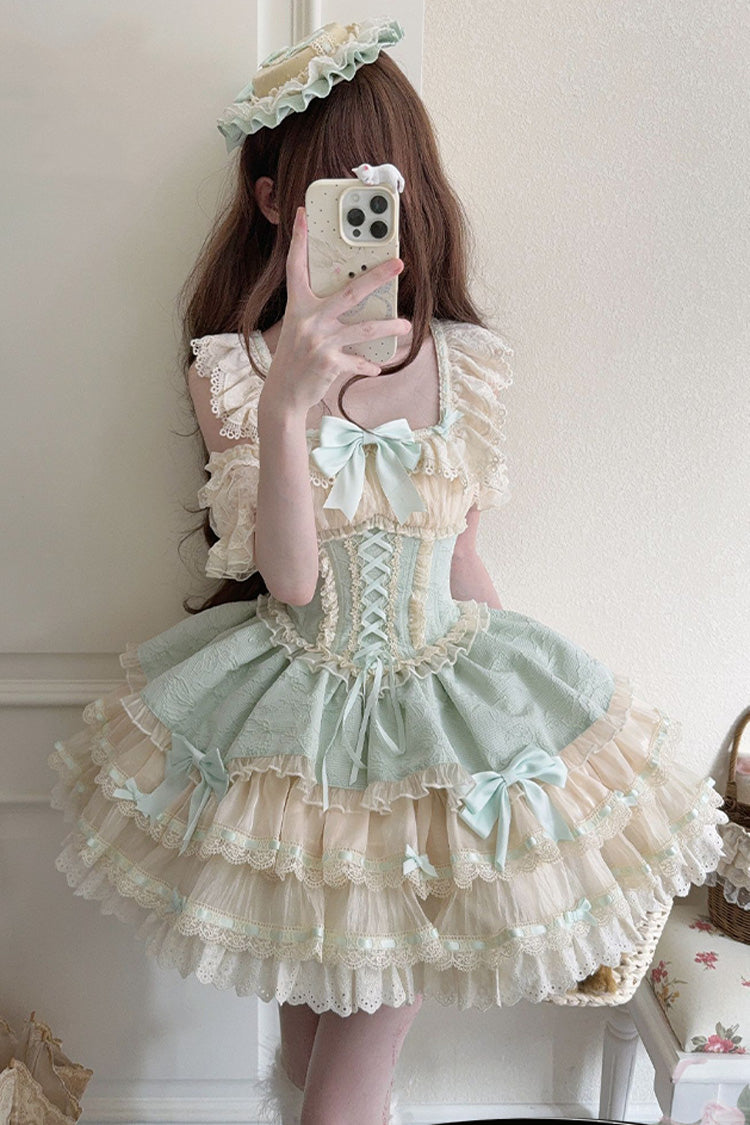 Lolita JSK Dress - Flory Butterfly, Green, Bow Detail, Lace Trim, Ruffled - additional product view 4