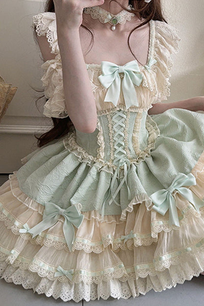 Lolita JSK Dress - Flory Butterfly, Green, Bow Detail, Lace Trim, Ruffled - additional product view 5