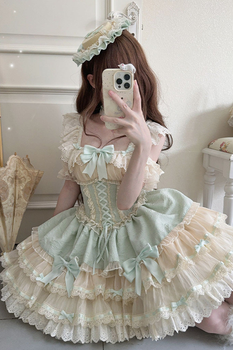 Lolita JSK Dress - Flory Butterfly, Green, Bow Detail, Lace Trim, Ruffled - additional product view 6