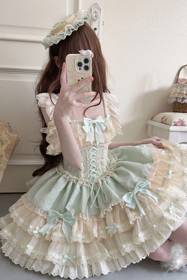 Lolita JSK Dress - Flory Butterfly, Green, Bow Detail, Lace Trim, Ruffled - additional product view 8