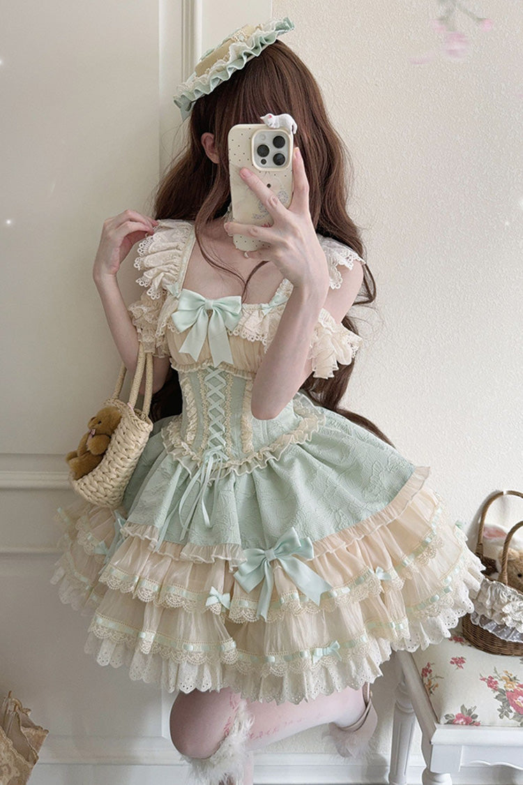 Lolita JSK Dress - Flory Butterfly, Green, Bow Detail, Lace Trim, Ruffled - main product image