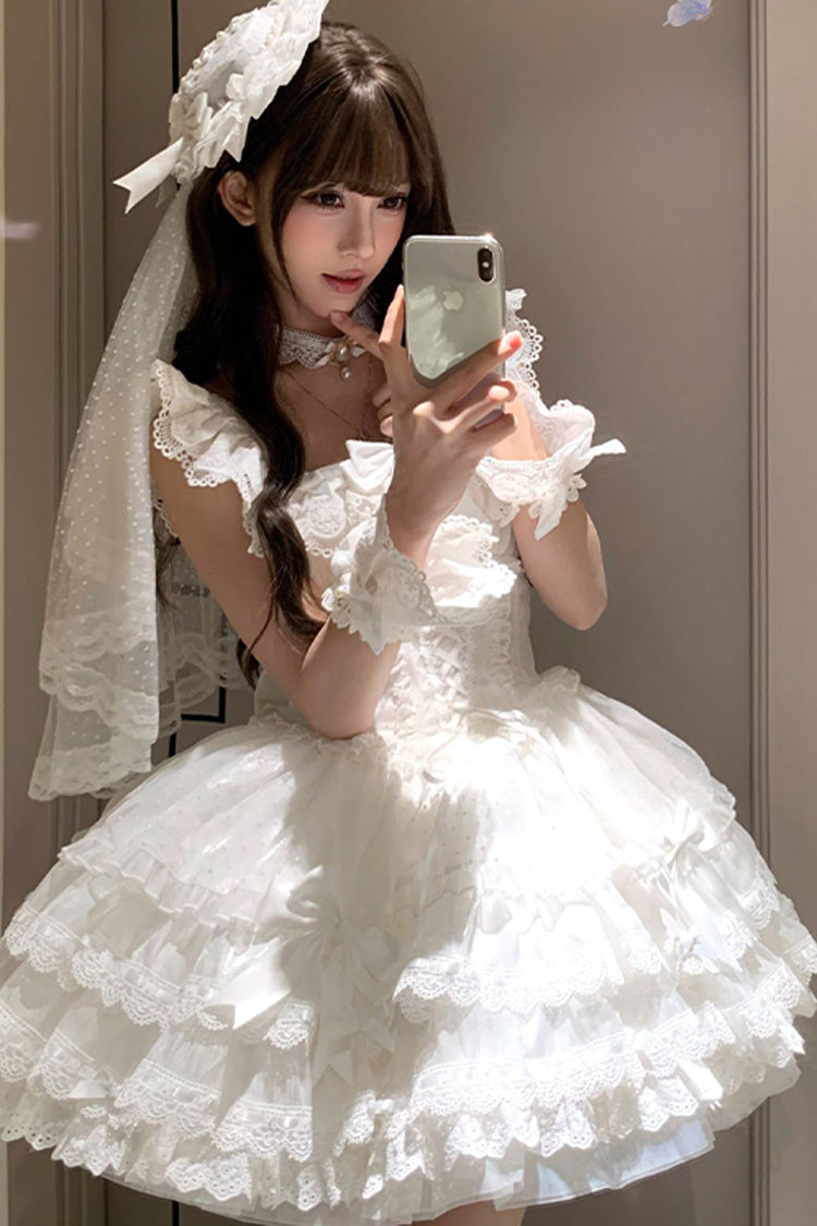 Lolita JSK Dress - Flory Butterfly, White, Ballet-Inspired Style, Bow Detail, Lace Trim - additional product view 2
