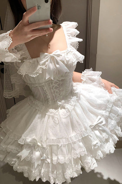 Lolita JSK Dress - Flory Butterfly, White, Ballet-Inspired Style, Bow Detail, Lace Trim - additional product view 3