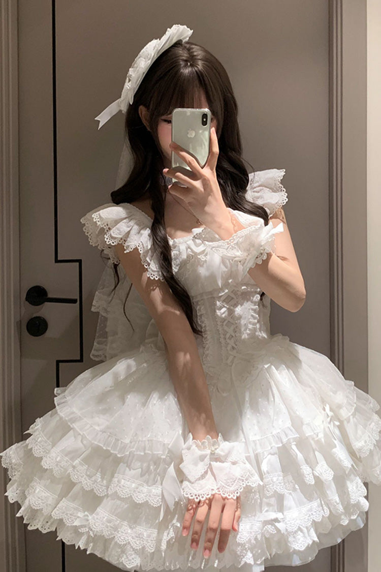 Lolita JSK Dress - Flory Butterfly, White, Ballet-Inspired Style, Bow Detail, Lace Trim - additional product view 4