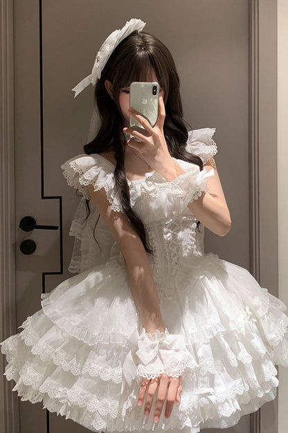 Lolita JSK Dress - Flory Butterfly, White, Ballet-Inspired Style, Bow Detail, Lace Trim - additional product view 4