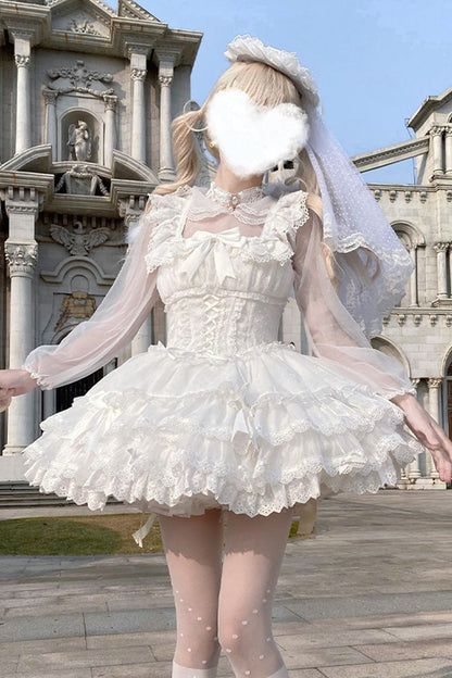 Lolita JSK Dress - Flory Butterfly, White, Ballet-Inspired Style, Bow Detail, Lace Trim - main product image