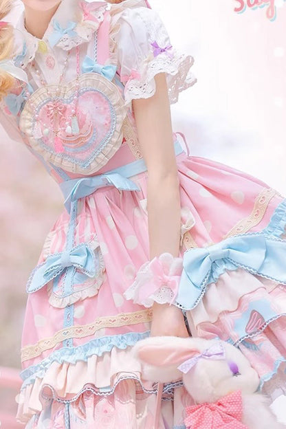 Lolita JSK Dress - Frosted Sugar Sweetheart, Pink, Bow Detail, Ruffled, Printed - additional product view 3
