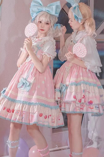 Lolita JSK Dress - Frosted Sugar Sweetheart, Pink, Bow Detail, Ruffled, Printed - additional product view 4