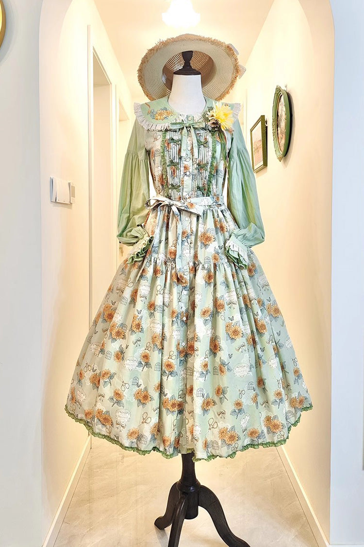 Lolita JSK Dress - Gardening Sunflower, Green, Sweet Style, Bow Detail, Lace Trim - additional product view 3