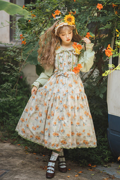 Lolita JSK Dress - Gardening Sunflower, Green, Sweet Style, Bow Detail, Lace Trim - additional product view 4