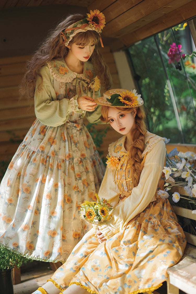 Lolita JSK Dress - Gardening Sunflower, Green, Sweet Style, Bow Detail, Lace Trim - additional product view 12