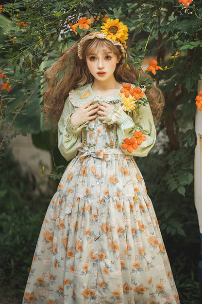Lolita JSK Dress - Gardening Sunflower, Green, Sweet Style, Bow Detail, Lace Trim - additional product view 19