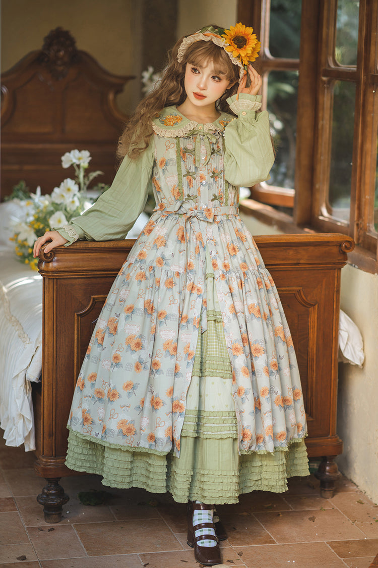 Lolita JSK Dress - Gardening Sunflower, Green, Sweet Style, Bow Detail, Lace Trim - main product image