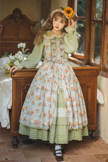 Lolita JSK Dress - Gardening Sunflower, Green, Sweet Style, Bow Detail, Lace Trim - main product image