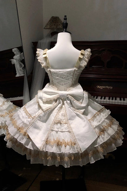 Lolita JSK Dress - Gilded Memories, White, Bow Detail, Lace Trim, Ruffled - additional product view 2