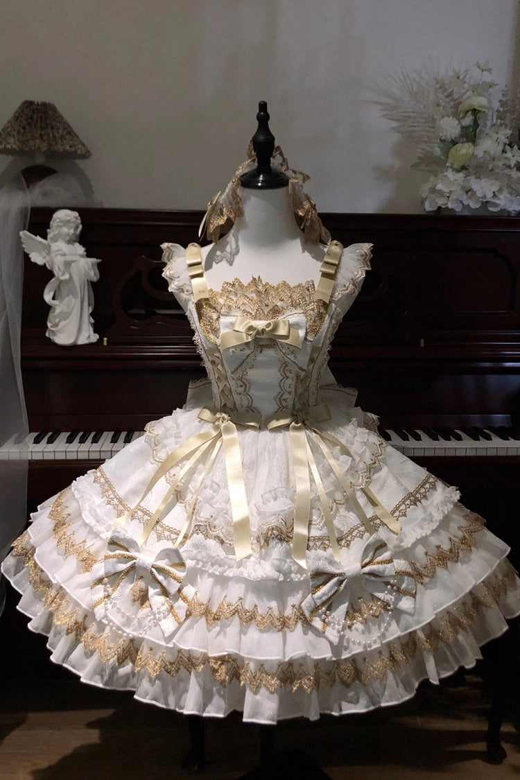 Lolita JSK Dress - Gilded Memories, White, Bow Detail, Lace Trim, Ruffled - additional product view 3