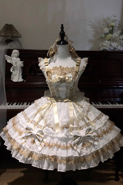 Lolita JSK Dress - Gilded Memories, White, Bow Detail, Lace Trim, Ruffled - additional product view 3