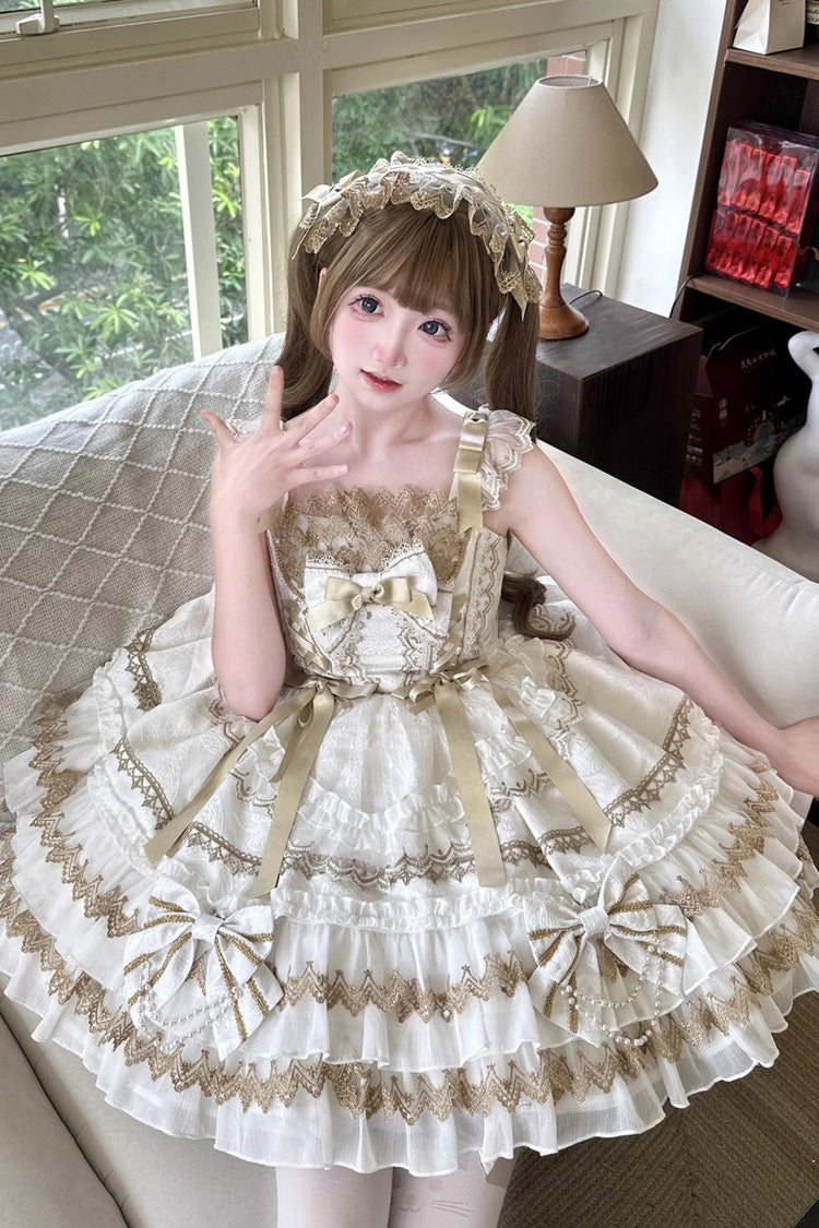 Lolita JSK Dress - Gilded Memories, White, Bow Detail, Lace Trim, Ruffled - additional product view 4