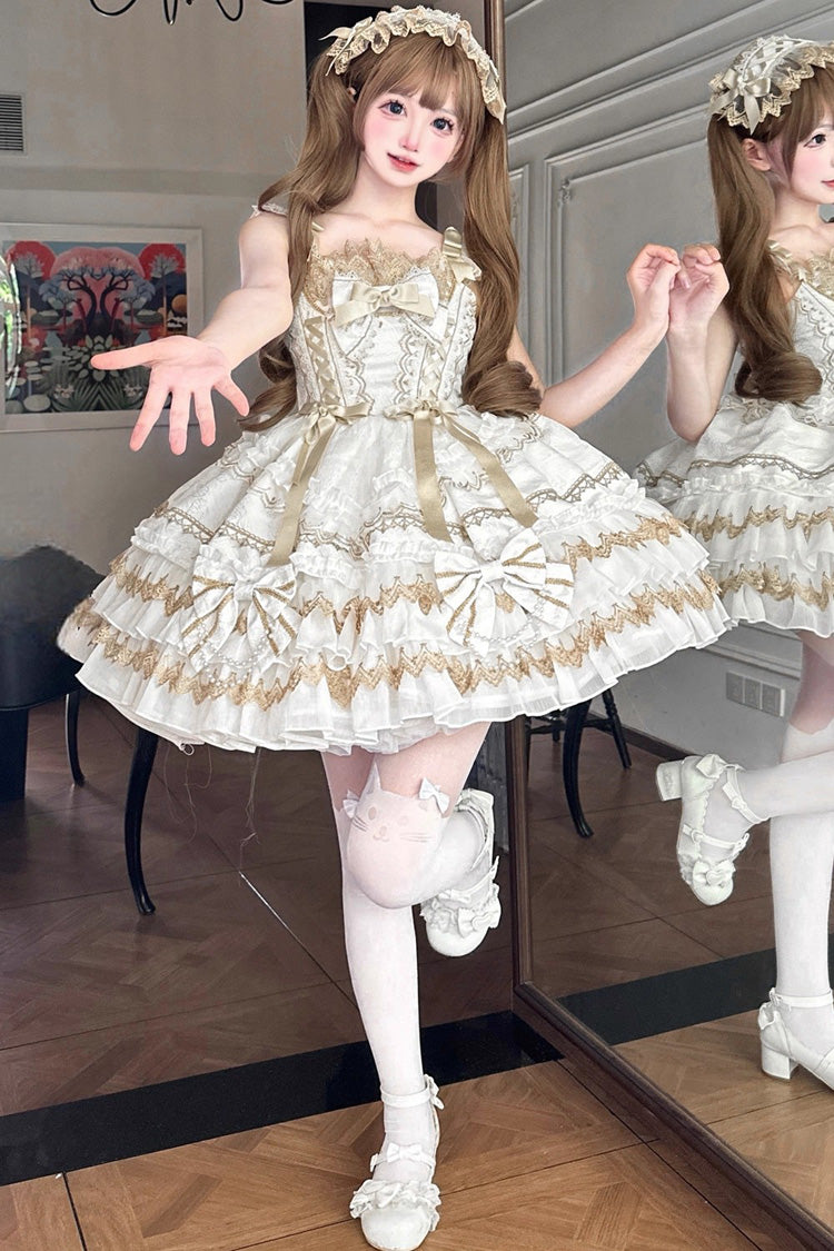 Lolita JSK Dress - Gilded Memories, White, Bow Detail, Lace Trim, Ruffled - additional product view 5