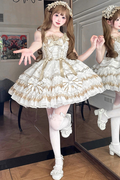 Lolita JSK Dress - Gilded Memories, White, Bow Detail, Lace Trim, Ruffled - additional product view 5