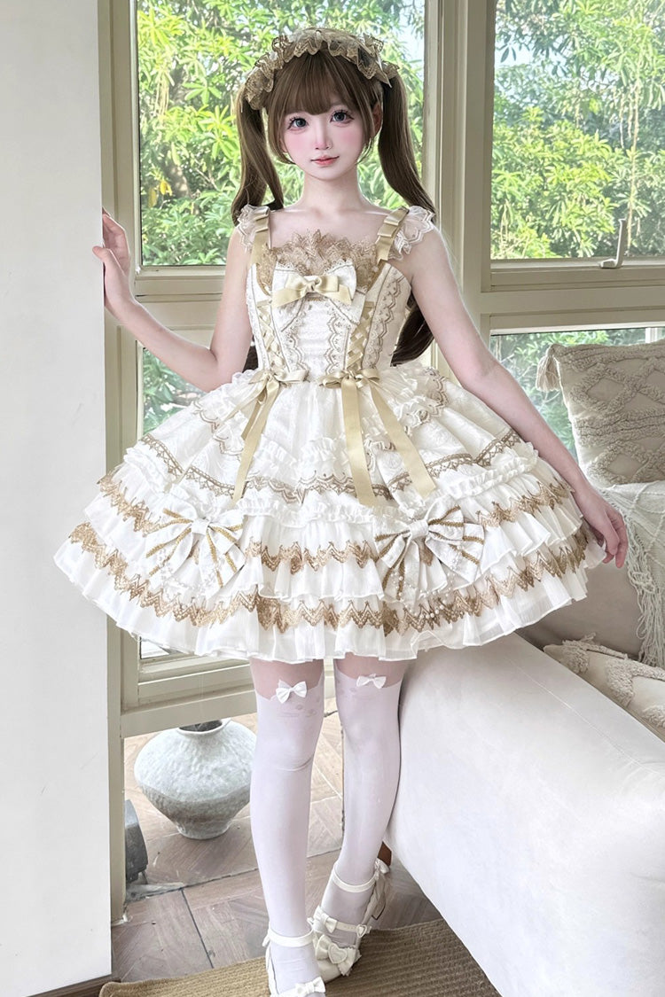 Lolita JSK Dress - Gilded Memories, White, Bow Detail, Lace Trim, Ruffled - main product image
