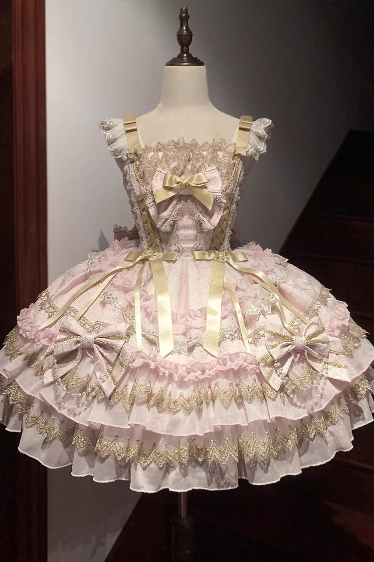 Lolita JSK Dress - Gilded Memories, White, Bow Detail, Lace Trim, Ruffled - S Pink / M Pink / L Pink option