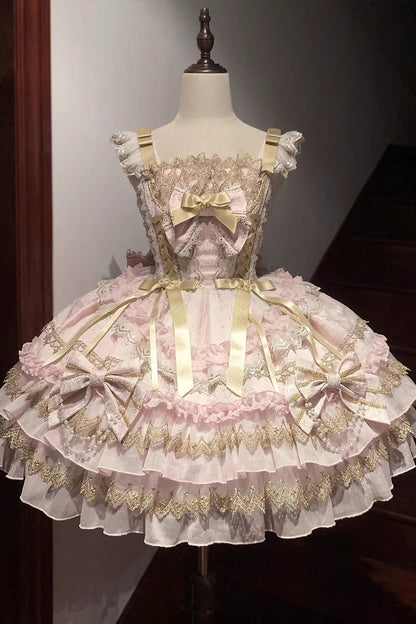 Lolita JSK Dress - Gilded Memories, White, Bow Detail, Lace Trim, Ruffled - S Pink / M Pink / L Pink option