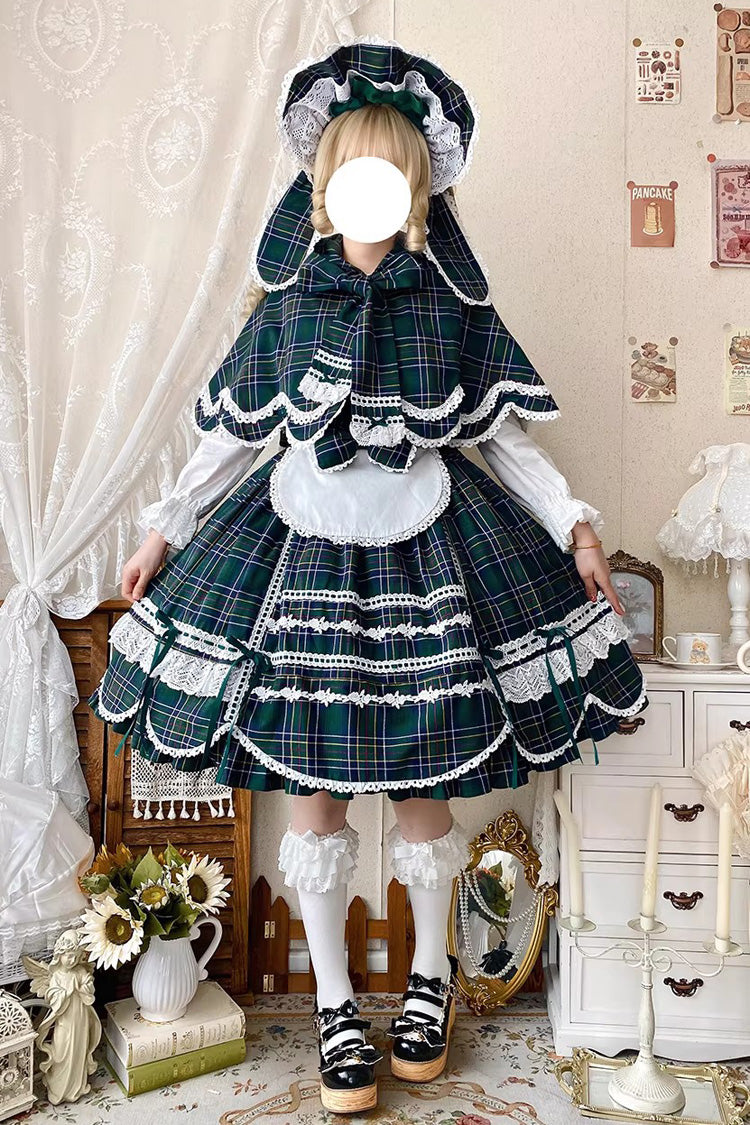Lolita JSK Dress - Gingham Petal Bunny, Green, Ruffled, Printed, Sweet Style - additional product view 4