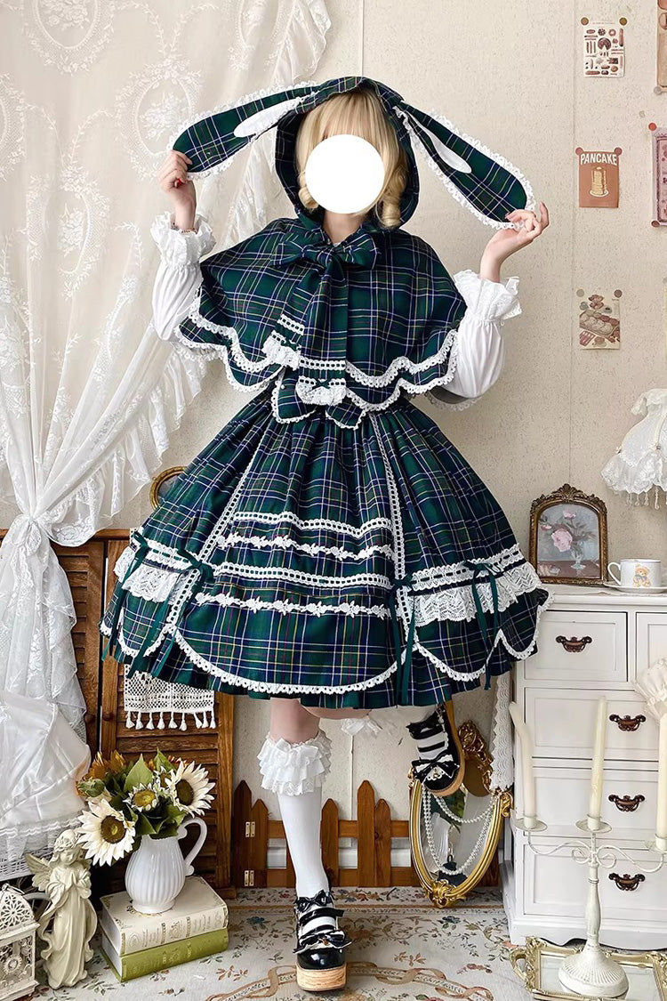 Lolita JSK Dress - Gingham Petal Bunny, Green, Ruffled, Printed, Sweet Style - additional product view 5