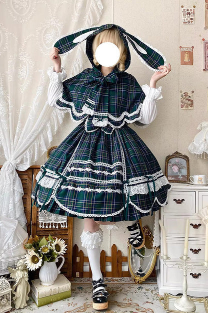 Lolita JSK Dress - Gingham Petal Bunny, Green, Ruffled, Printed, Sweet Style - additional product view 5