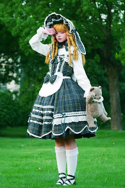 Lolita JSK Dress - Gingham Petal Bunny, Green, Ruffled, Printed, Sweet Style - additional product view 8